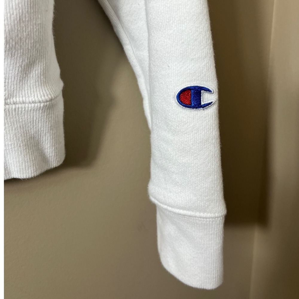 Champion‎ Reverse Weave White Chenille Logo Sweatshirt Medium Sporty Y2K Vibe - Picture 8 of 9